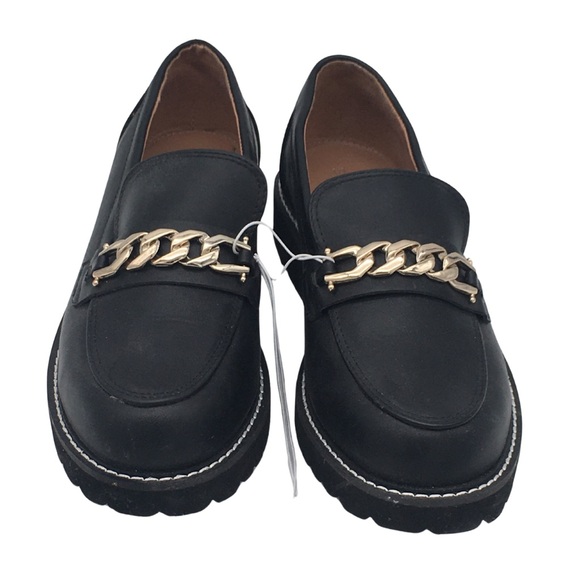 BCBG black Lug sole Loafers Vegan Leather with Gold Chain detail NWOT size 8 - Picture 4 of 16